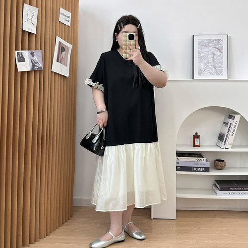 宛宛大码女装胖MM黑白拼接连衣裙夏季收腰宽松显瘦遮肚子气质长裙