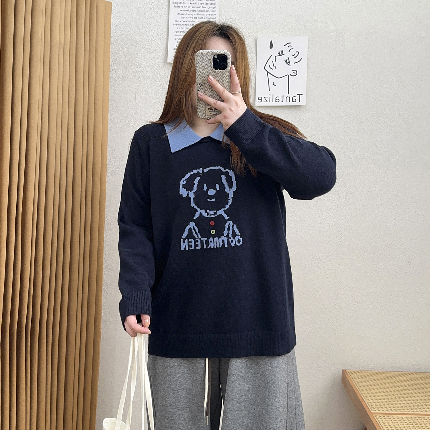 撞色polo领上衣女休闲毛衣