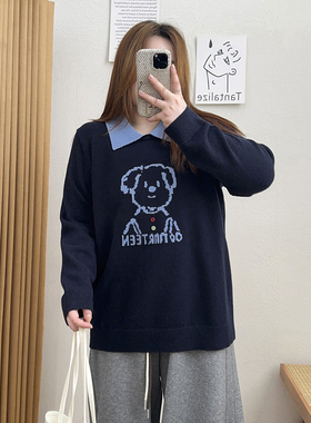 宛宛大码女装胖MM卡通高级感假两件翻领学院风毛衣秋冬百搭针织衫