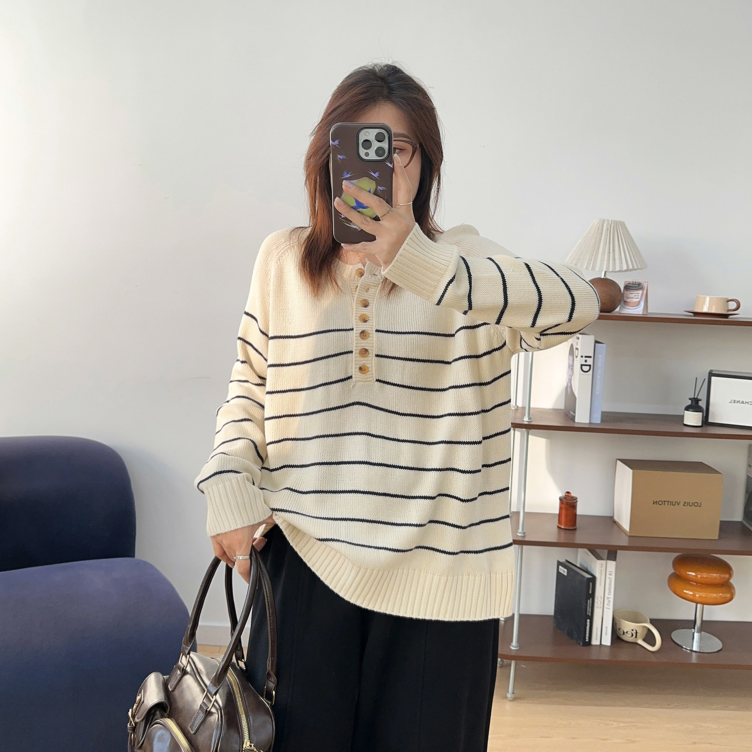 宛宛大码条纹套头毛衣女纽扣半针织衫秋冬宽松慵懒老钱风长袖上衣