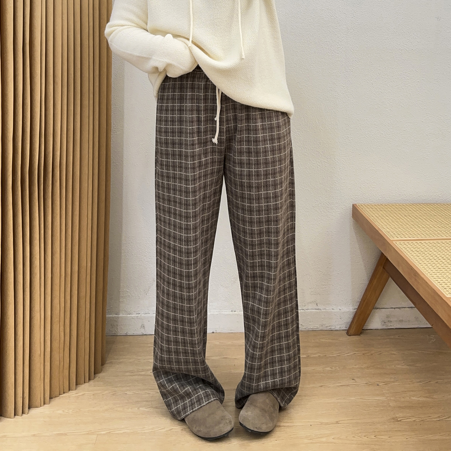 松紧高腰宽松百搭毛呢格子休闲裤