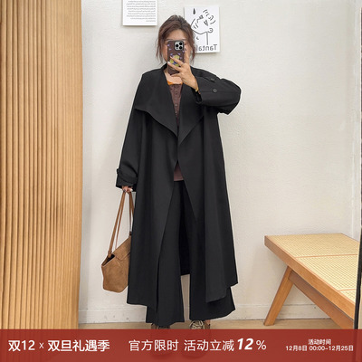 大翻领中长款风衣外套