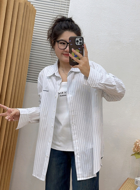 宛宛大码蓝色条纹衬衫女春季设计感休闲长袖衬衣胖MM宽松显瘦上衣