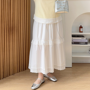 高腰A字白色半身裙设计感小众蕾丝蛋糕裙子胖mm梨形身材长裙 大码