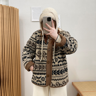 胖mm复古民族风印花费尔岛花纹羊羔毛毛绒外套 冬新款 宛宛大码 女装