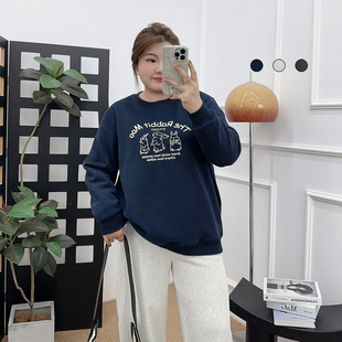 加大码 宽松休闲减龄上衣 胖mm正肩显瘦卡通印花加绒卫衣女秋冬新款