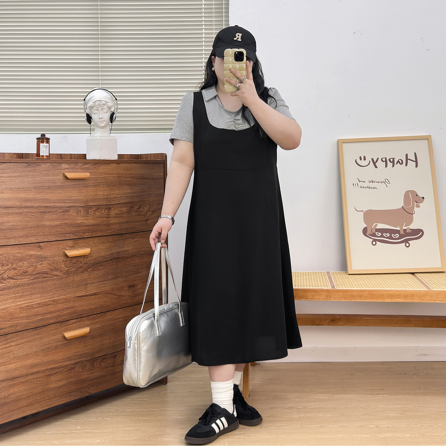 宛宛大码胖MM翻领假两件连衣裙夏季新款收腰显瘦遮肚子气质长裙潮