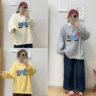 宛宛大码 宽松圆领加绒韩系上衣 胖MM减龄百搭小狗印花卫衣秋冬女装