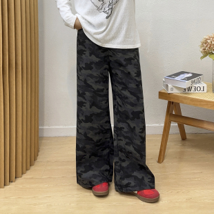 女装 胖mm慵懒松弛感百搭阔腿裤 美式 牛仔裤 子 复古迷彩工装 宛宛大码