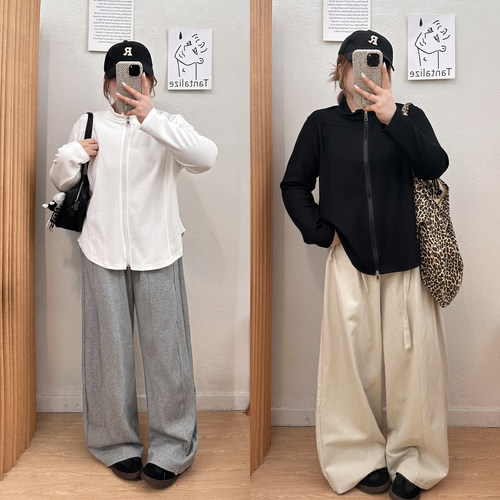 宛宛大码双拉链立领卫衣外套女秋冬胖mm修身显瘦内搭外穿开衫上衣