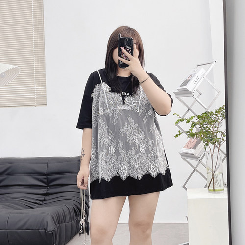 纯棉拼蕾丝薄款恤mm假两件T恤裙