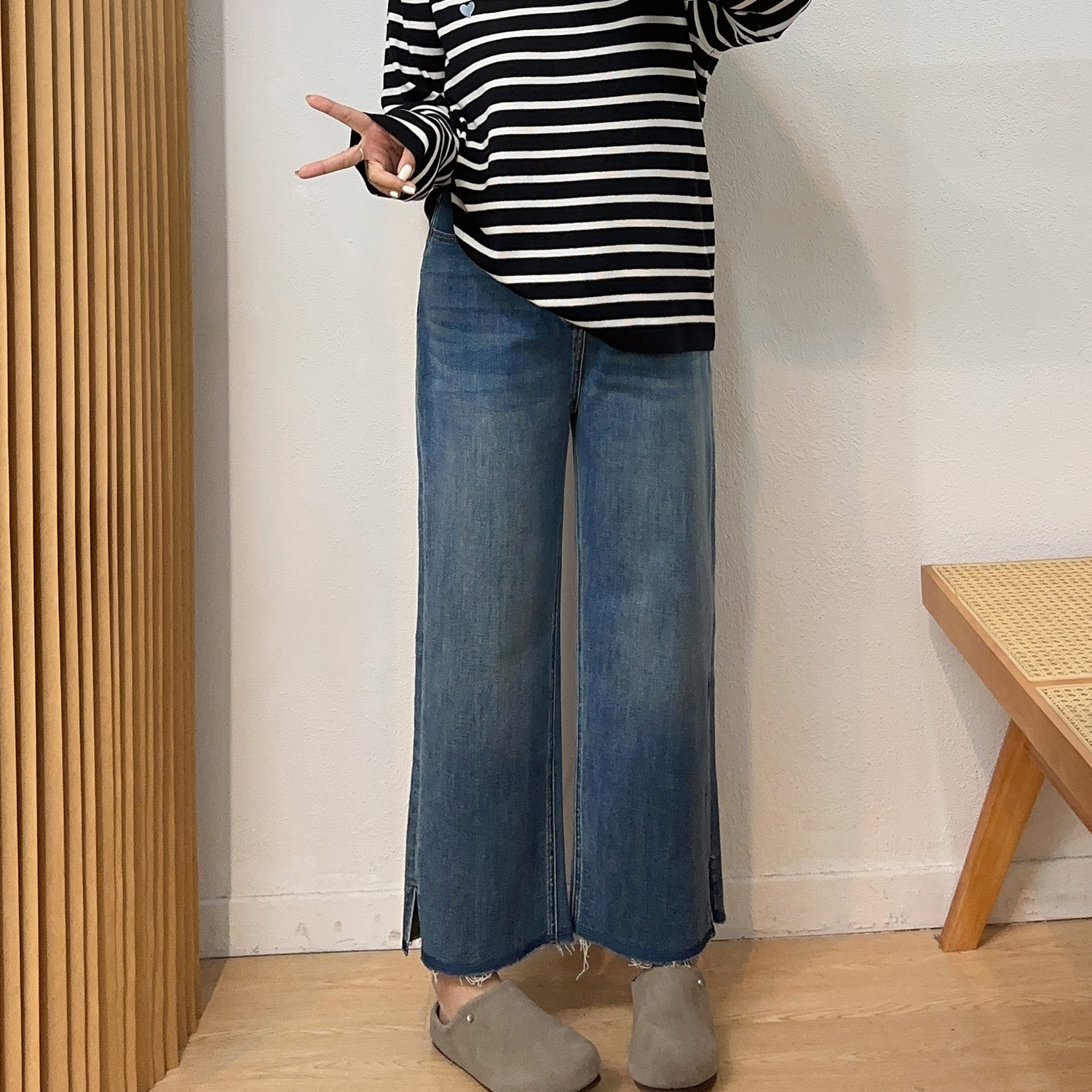 宛宛大码梨形身材烟管裤女春秋新款胖mm高腰显瘦毛边直筒牛仔裤