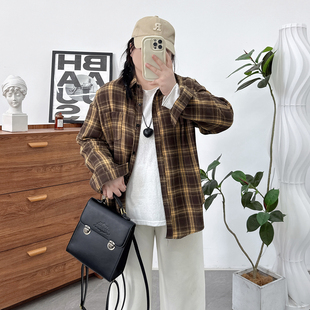 复古磨毛格子衬衫 秋季 胖mm美式 大码 上衣慵懒风宽松衬衣外套女 新款