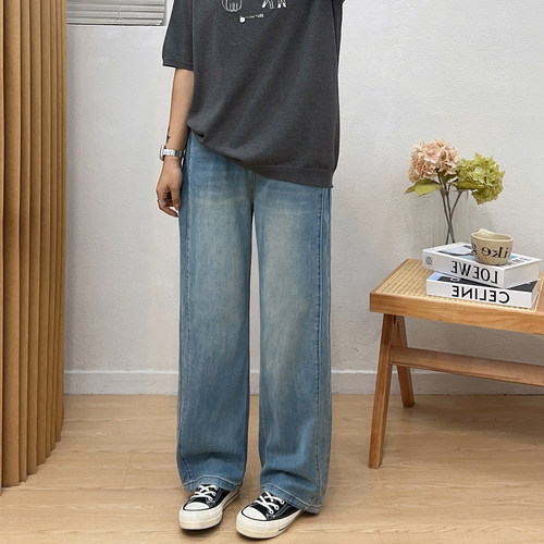 宛宛大码直女装筒牛仔裤宽松胖mm显瘦裤子春季梨型身材粗腿阔腿裤