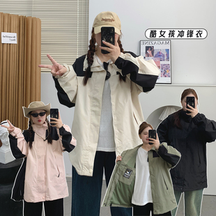 宛宛大碼 寬松上衣 新款 胖mm連帽三防休閑拼接撞色沖鋒衣外套女秋季