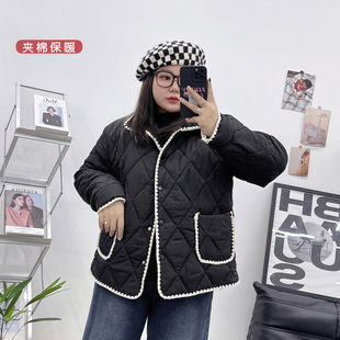 大码 胖mm拼色包边宽松休闲小棉衣 薄棉服女200斤秋冬外套2022新款