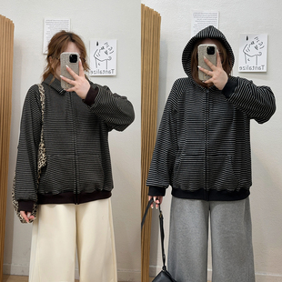 拉链长袖 宛宛大码 加绒加厚条纹连帽开衫 胖mm秋冬新款 卫衣上衣 女装