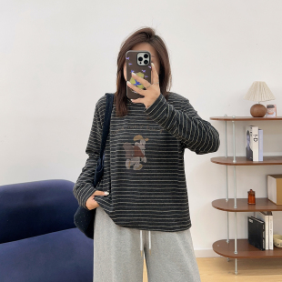 磨毛卡通条纹打底衫 胖mm秋冬款 百搭显瘦内搭上衣T恤 女装 宛宛大码