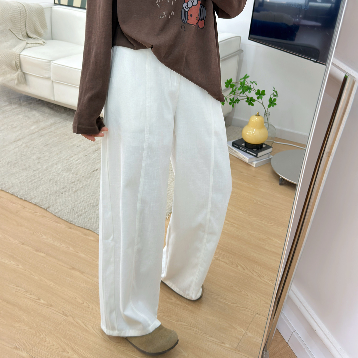 宛宛女装白色亚麻裤秋棉麻弯刀裤子胖MM显瘦休闲阔腿裤宽松慵懒风图片