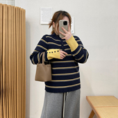 宛宛大码 女秋冬套头显瘦内搭打底毛衣上衣 胖MM复古撞色条纹针织衫