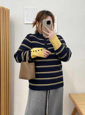 条纹撞色半高领长袖毛针织衫