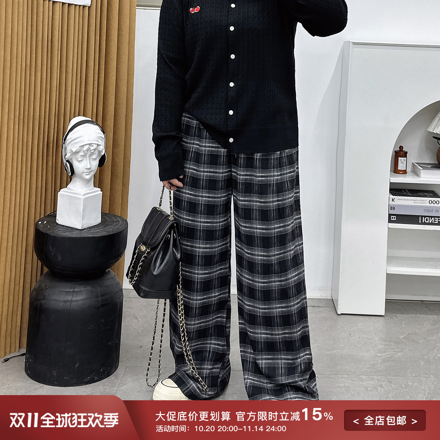 宛宛家格子阔腿裤百搭时尚