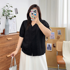 大码胖MM法式复古黑色V领短袖修身上衣女夏季2024新款设计感衬衫