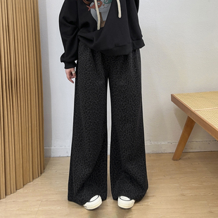 胖mm加厚高腰阔腿裤 女2025秋冬新款 子 复古豹纹毛呢弯刀裤 宛宛大码