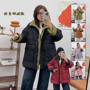 宽松休闲外套 200斤胖MM秋冬新款 大码 白鸭绒羽绒服拼色中长款