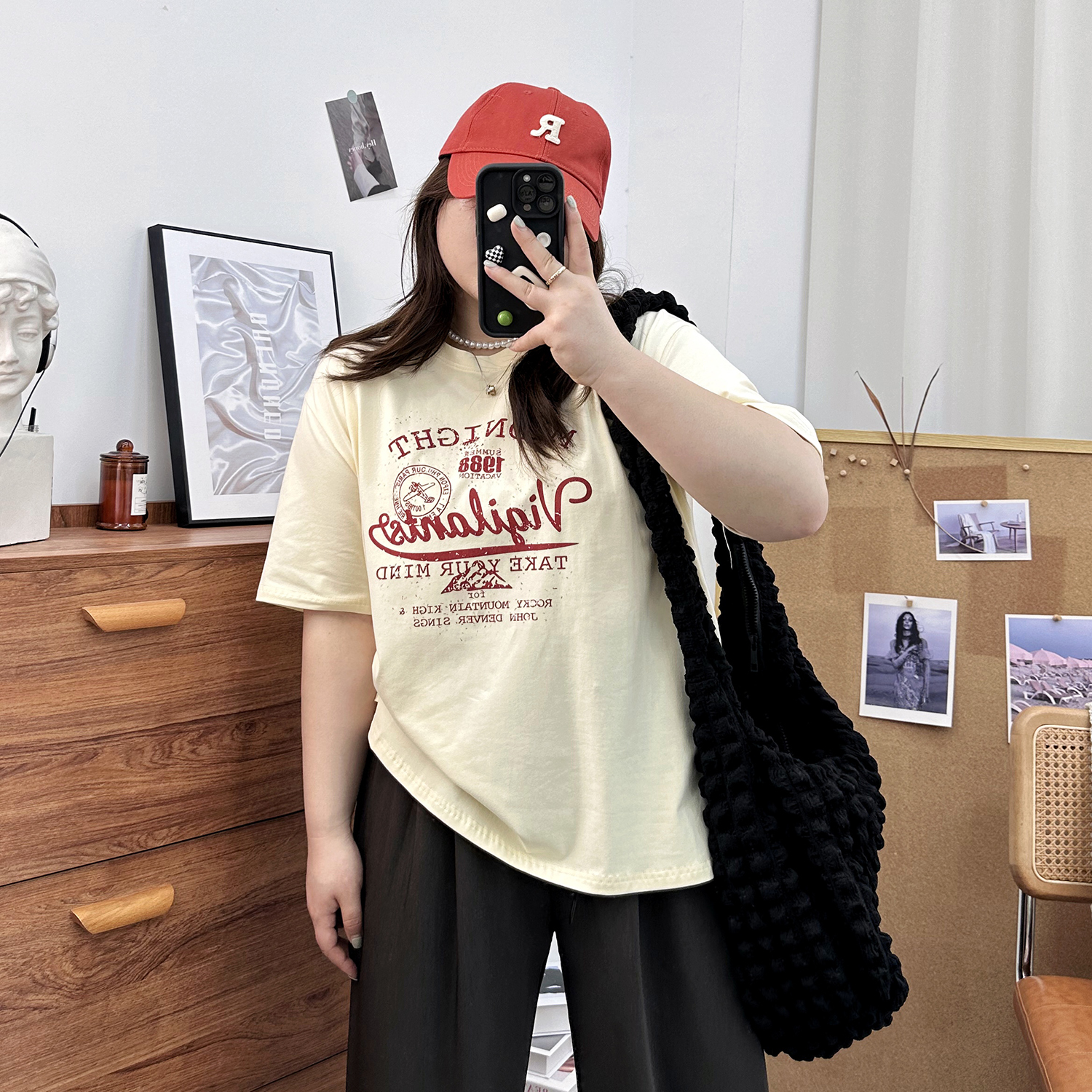 宛宛大码女装2024新款胖mm夏季美式复古圆领短袖200斤字母正肩T恤