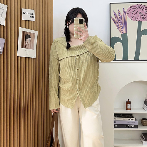 宛宛大码胖mm设计感不规则打底衫女春季新款收腰遮肚子长袖上衣