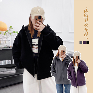 拉链外套 胖mm连帽卫衣女慵懒风休闲开衫 2023秋冬新款 宽松大码