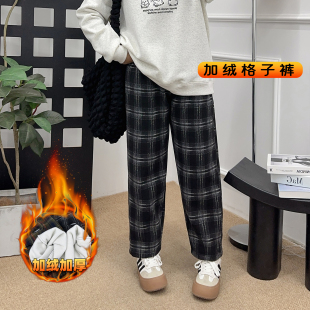 大码胖mm加绒加厚格子休闲裤女秋冬新款宽松显瘦哈伦毛呢裤