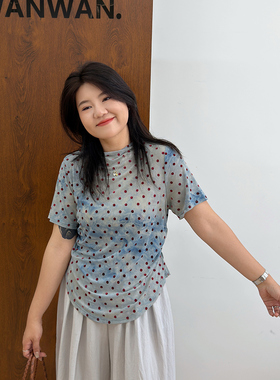 宛宛大码胖mm气质波点绿色网纱短袖t恤女夏季新款洋气修身短上衣