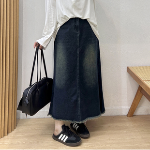 宛宛大码 高腰牛仔裙胖MM遮肚子显瘦a字裙子 复古毛边半身裙女秋季