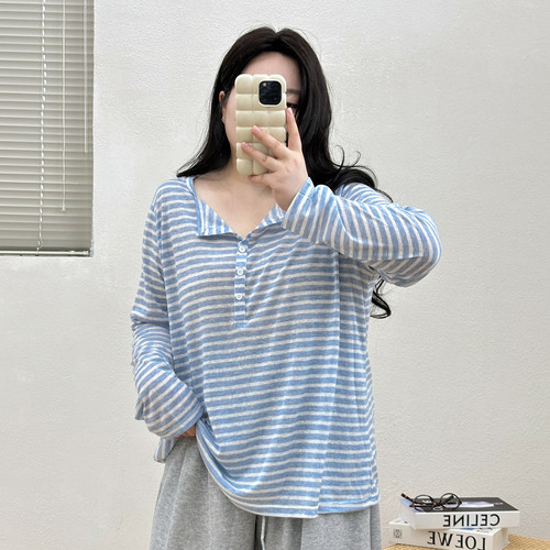 宛宛大码女装韩系气质条纹罩衫针织上衣秋季胖mm宽松遮肉显瘦t恤