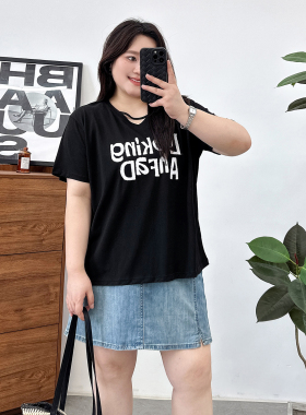 大码美式辣妹黑色纯棉休闲短袖T恤女胖mm宽松慵懒港风中长款上衣