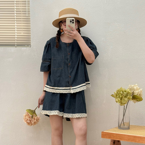 宛宛大码胖MM牛仔套装女夏季宽松显瘦遮肚子短袖短裤两件套百搭潮