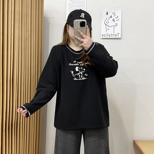 上衣女 T恤宽松遮肉显瘦内搭德绒打底衫 宛宛大码 胖mm卡通印花长袖