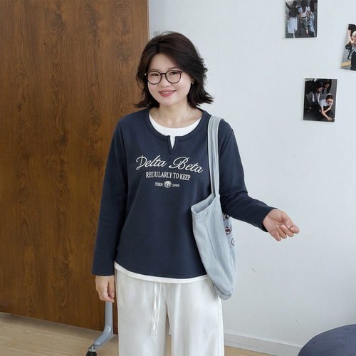 宛宛大码正肩假两件长袖t恤女装秋季胖MM遮肉显瘦内搭打底衫上衣