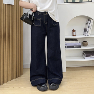 胖mm高腰显瘦梨形身材宽松直筒裤 大码 女春季 复古蓝阔腿牛仔裤 美式