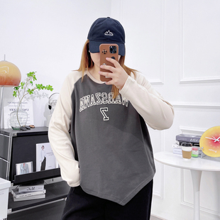 复古插肩袖 秋季 卫衣胖mm修身 显瘦短款 T恤卫衣 大码 不规则长袖 女装
