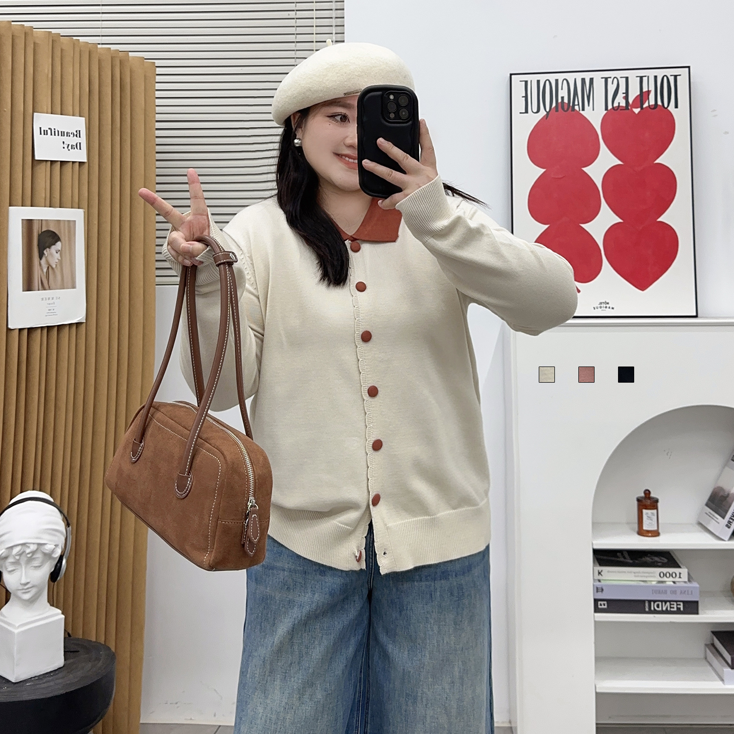 宛宛家拼色针织开衫百搭