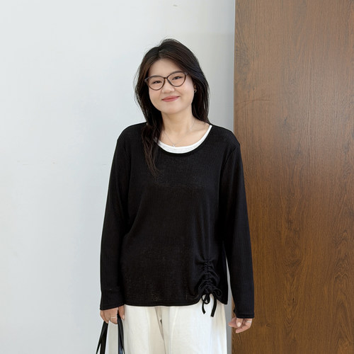 宛宛大码女装假两件针织打底衫秋季微胖mm显瘦内搭拼接设计感上衣