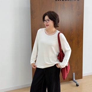 宛宛大码圆领网纱内搭长袖t恤女秋装上衣新款胖mm宽松显瘦打底衫