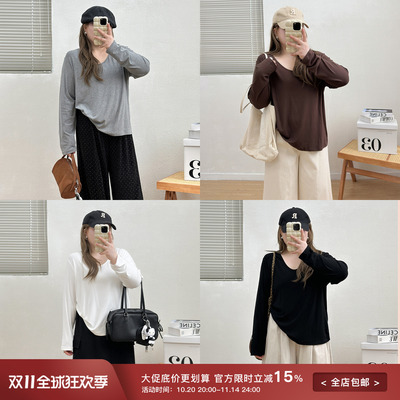 宛宛大码女装春秋季新款U领宽松面膜T恤胖mm打底衫内搭长袖上衣潮