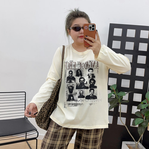大码微胖慵懒风印花长袖T恤女装春季设计感体恤胖MM宽松显瘦上衣