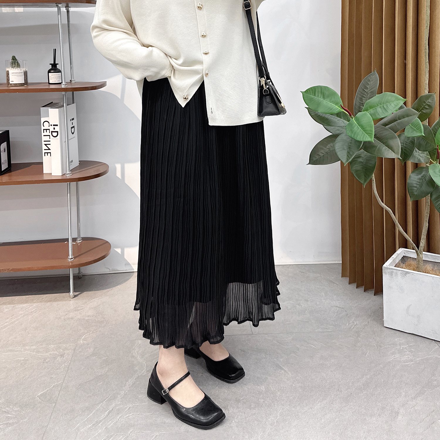 松紧腰压褶雪纺半身裙