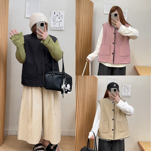 宛宛大码马甲女胖mm200斤秋冬2025新款仿羊羔毛宽松背心坎肩外套