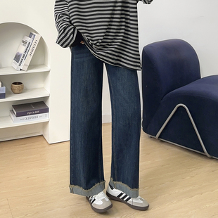女秋冬胖mm梨形身材显瘦九分烟管裤 宛宛大码 复古蓝翻边直筒牛仔裤